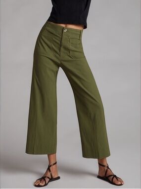 ANTHROPOLOGIE Linen Blend Crop Wide-Leg Pants in Green Size 26 Tall